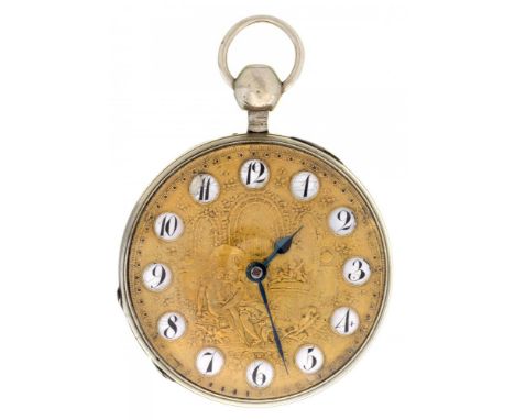 A SWISS SILVER QUARTER REPEATING VERGE WATCH  DUCHENE &amp; FILS, EARLY 19TH C  the gilt dial cast with lovers, enamel chapte