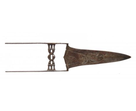 A DAGGER, KATAR, MUGHAL INDIA, FIRST HALF 19TH C the blade with reinforced tip and chiselled with tiger and prey, the integra