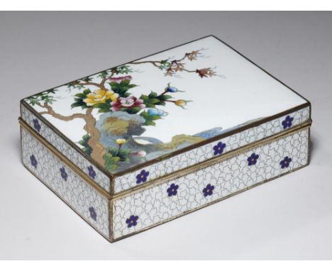 A JAPANESE WHITE GROUND CLOISONNÉ ENAMEL CIGARETTE BOX BY THE INABA CLOISONNÉ CO, TAISHO  13.5cm l, inlaid mark++Silvered mou