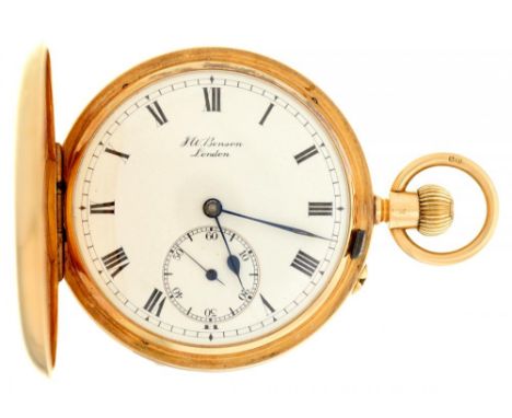 AN ENGLISH 18CT GOLD HUNTING CASED KEYLESS LEVER WATCH J W BENSON "THE LUDGATE", 4794 with enamel dial, gilt three-quarter pl