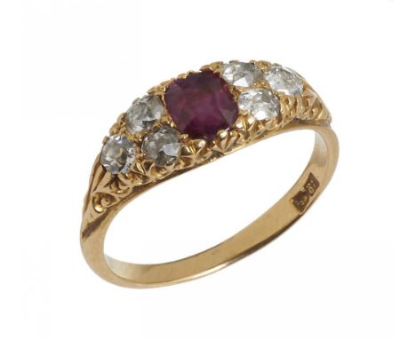 A VICTORIAN RUBY AND DIAMOND RING the gold hoop marked 18ct, 3.5g, size N++Slight abrasions to ruby