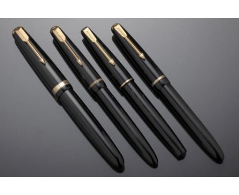 FOUR PARKER BLACK FOUNTAIN PENS  comprising Duofold, "17" Lady and two Slimfold and a Parker box and leaflet++All in the same
