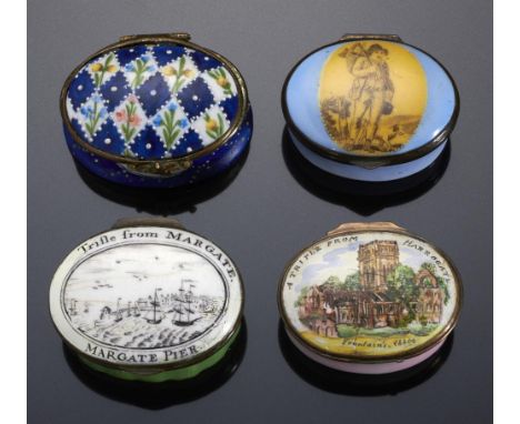THREE SOUTH STAFFORDSHIRE ENAMEL PATCH BOXES, LATE 18TH C  two with mirror to the underside of the lid, one of steel, Margate