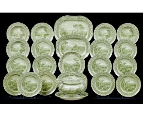 A COPELAND &amp; GARRETT GREEN PRINTED IVORY EARTHENWARE BYRON VIEWS SERIES DINNER SERVICE, 1833-47  plates 25.5cm diam, impr