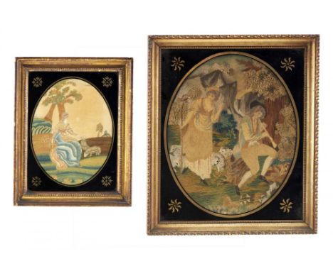 TWO REGENCY EMBROIDERED SILK PICTURES, EARLY 19TH C  the larger of a shepherdess and piping shepherd on a trunk, the smaller 