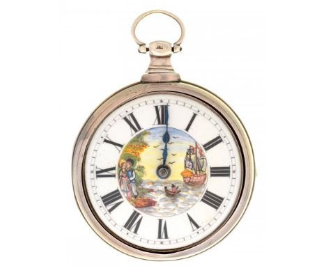 AN ENGLISH SILVER PAIR CASED VERGE WATCH R WILLIAMS LIVERPOOL, 5041  the polychrome enamel dial with scene of the sailor's fa