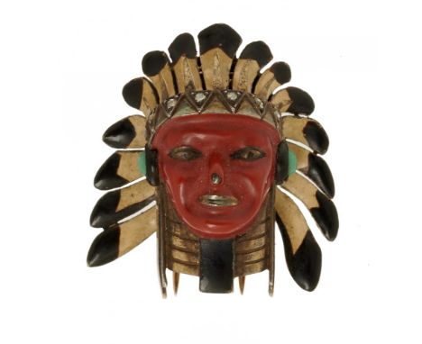 A CLIP BROOCH IN THE FORM OF A HEAD  BY CARTIER, PARIS, C1930 with rose cut diamond headband, jade earrings, and red enamel f