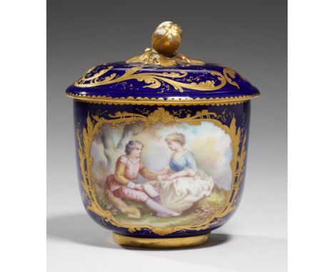 A SÈVRES SUCRIER AND COVER, 18TH C,  REDECORATED  the sucrier painted with a panel of lovers and, to the reverse, an idealise