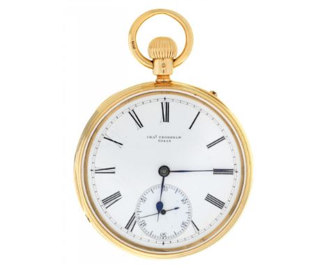 AN ENGLISH 18CT GOLD KEYLESS LEVER WATCH  CHA[RLE]S FRODSHAM, 84 STRAND LONDON, 05453 with enamel dial, gilt three quarter pl