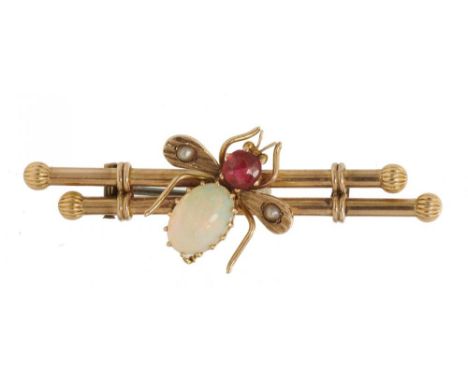 A VICTORIAN INSECT JEWEL set with opal, seed pearls and paste, in gold, marked 9c, 3.5g  ++In good condition