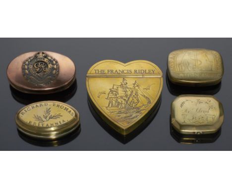 FOLK ART.  TWO DATED VICTORIAN SHEET BRASS SNUFF  BOXES, 1858 engraved S Hesketh or Mr Lloyd and emblems including fouled anc