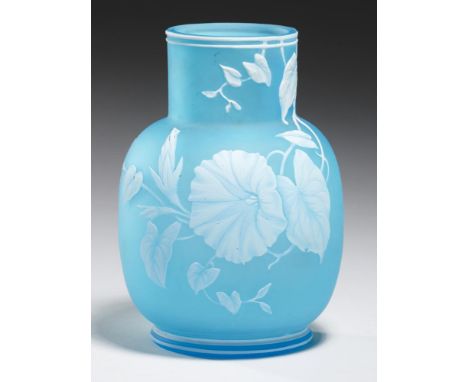 A THOMAS WEBB &amp; SONS CAMEO GLASS VASE, C1880  the light blue glass overlaid in white and decorated with naturalistic trai