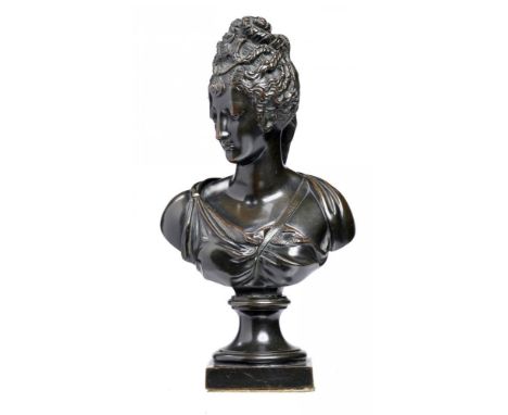 A FRENCH BRONZE BUST OF A LADY, LATE 19TH C on bronze socle, even dark brown patina, 26cm h++Slightly loose on the socle 