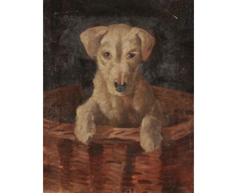 †ATTRIBUTED TO RAOUL MILLAIS (1901-1999) PORTRAIT OF "BUNTY", MRS FRANCES MARY TEMPLAR'S SEALYHAM TERRIER IN A BASKET  45 x 3