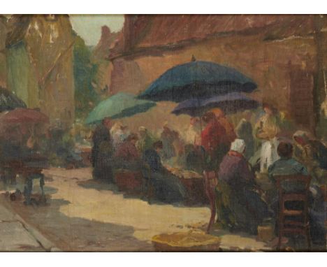 FOLLOWER OF HERBERT DAVIS RICHTER A SUNLIT CONTINENTAL MARKET SCENE  oil on canvas board, 32 x 43cm++Good condition, medium t