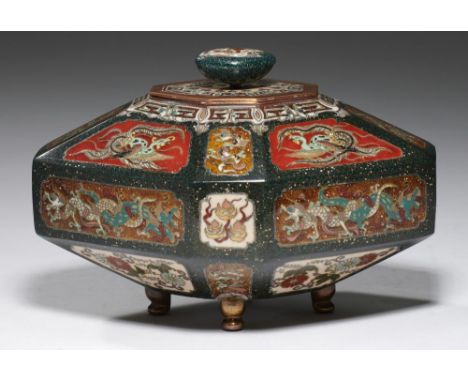 A JAPANESE OCTAGONAL CLOISONNÉ ENAMEL VASE AND COVER, MEIJI PERIOD  with tomato red or aventurine ground dragon and other pan