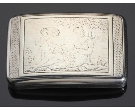 A GEORGE III CURVED SILVER SNUFF BOX  the lid engraved with a rectangular panel of Venus and putti, the underside with child 