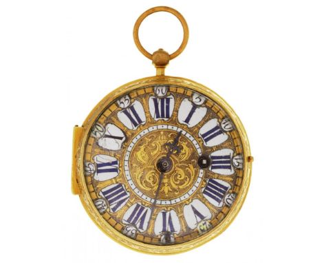 A FRENCH GILTMETAL VERGE WATCH, OIGNON LANGLOIS A PARIS, EARLY 18TH C  the chased and stippled dial with blue and white ename