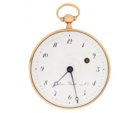 A SWISS GOLD VERGE WATCH MOULINIE, BAUTTE ET CIE, EARLY 19TH C  with enamel dial, blued steel Breguet hands, gilt fusee movem