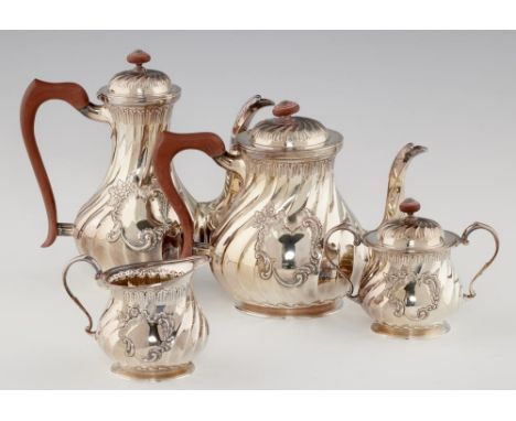AN ELIZABETH II WRYTHEN FLUTED BALUSTER SILVER TEA AND COFFEE SERVICE  coffee pot 23cm h, by Roberts &amp; Belk, Sheffield 19