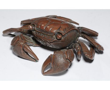 A JAPANESE COPPER-BRONZE ARTICULATED MODEL OF A CRAB, MEIJI PERIOD  17cm l approx, engraved signature          ++Small repair