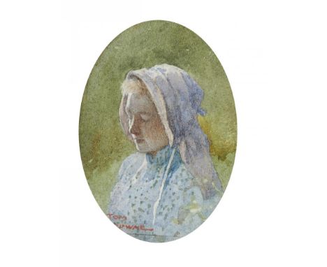 TOM BROWNE, RBA, RI (1872-1910) PORTRAIT OF ANNIE PARES  signed (in red) watercolour, oval, 13 x 9cm Exhibited: Newcastle upo