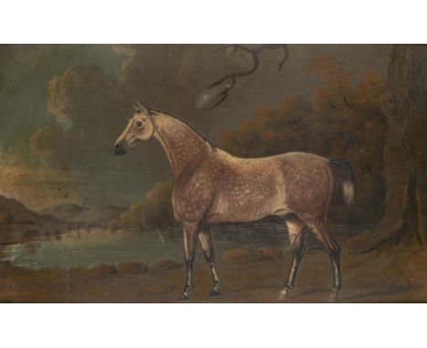 BRITISH NAIVE ARTIST, 19TH CENTURY PORTRAIT OF A DAPPLED STALLION BY LAKE  oil on board, 32 x 51 cm++Several old blackened sm