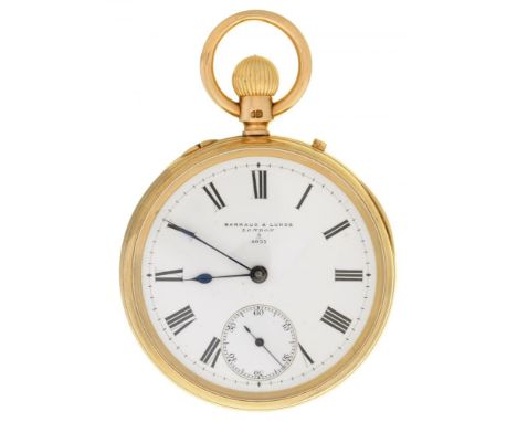 AN ENGLISH 18CT GOLDKEY WOUND LEVER  KEYLESS WATCH BARRAUD &amp; LUNDS, CORNHILL, LONDON, 3/4037  with enamel dial, gilt thre