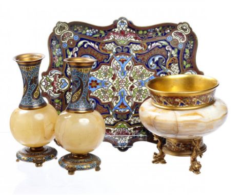A FRENCH GILTMETAL AND CHAMPLÊVÉ ENAMEL MOUNTED ONYX BOWL, C1880  on dolphin feet, 12.5cm h, a pair of similar contemporary F