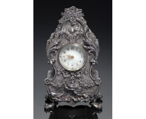 A FRENCH MINIATURE SILVER BOUDOIR TIMEPIECE, C1900 the primrose enamel dial with gilt filigree hands and frosted, silvered mo