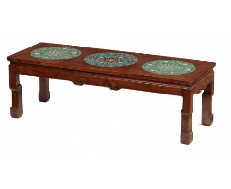 A CHINESE CLOISONNÉ ENAMEL INSET ROSEWOOD TABLE, EARLY 20TH C  with blind fret carved frieze, 40cm h; 45 x 123cm++Good condit