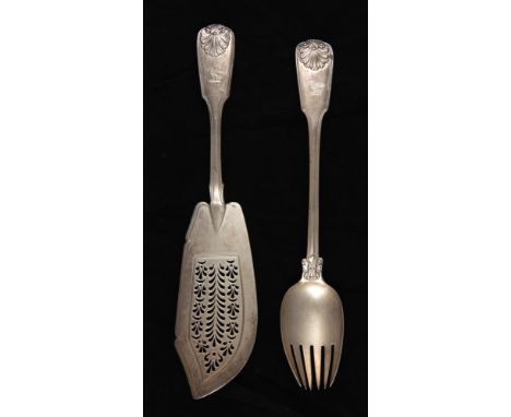 A WILLIAM IV SILVER FISH SLICE AND SALAD SERVING FORK EN SUITE  Fiddle Husk pattern with Husk heel, crested, by William Chawn