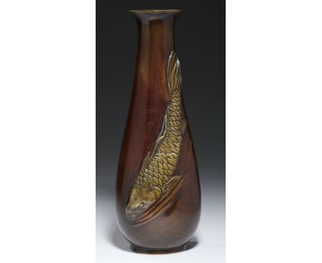 A JAPANESE BRONZE VASE, MEIJI PERIOD   cast in shallow relief with a carp in rippling waters, 30cm h ++Minor dents and scratc