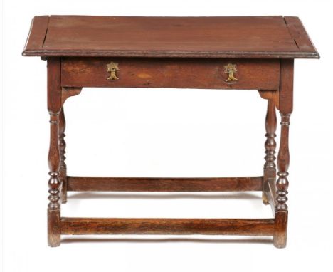 A WILLIAM III OAK SIDE TABLE, EARLY 18TH C  with boarded top and moulded lip, 63cm h; 55 x 49cm++Shrinkage between boards at 