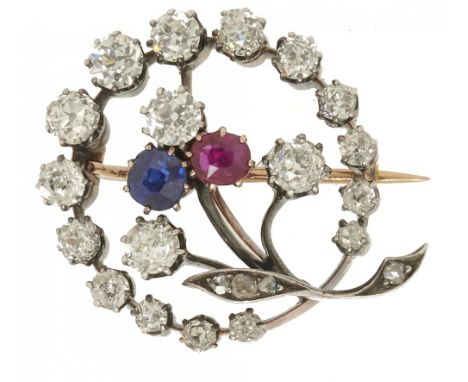 A VICTORIAN DIAMOND, SAPPHIRE AND RUBY BROOCH the old cut and rose cut diamonds approx 1.95 ct, 2.5 x 2 cm,  fitted case sign