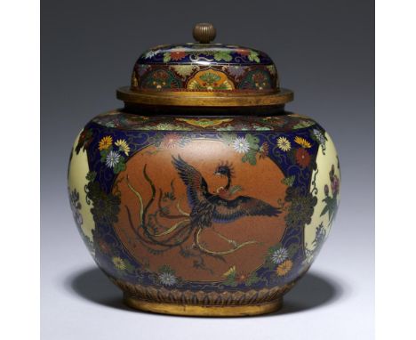 A JAPANESE OVAL CLOISONNÉ ENAMEL VASE AND COVER IN THE MANNER NAMIKAWA YASUYUKI,  C1890-95 with dragon and phoenix panels alt