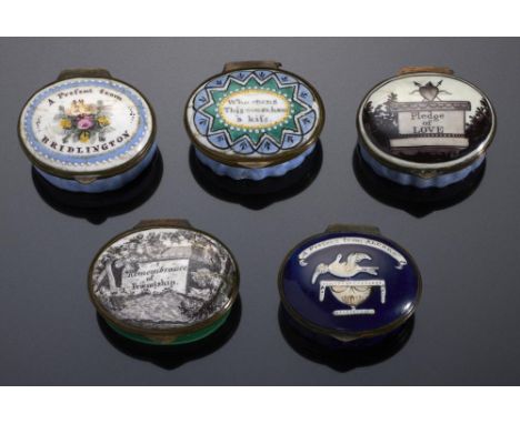 FIVE SOUTH STAFFORDSHIRE ENAMEL PATCH BOXES, LATE 18TH C   variously inscribed, the dark blue example A Present from ALDBRO',