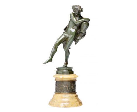 A GRAND TOUR BRONZE STATUETTE OF A DANCER AFTER BACCHUS, LATE 19TH C in the manner of A-M Delafontaine, on sienna marble pede