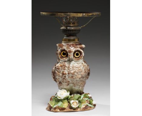 A STAFFORDSHIRE PORCELAIN OWL NOVELTY OIL LAMP, C1881 with glass eyes, realistically painted, Zimmermann brass lamp fitment, 