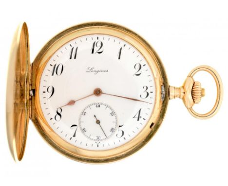 A SWISS 14CT GOLD HUNTING CASED KEYLESS LEVER WATCH LONGINES , EARLY 20TH C  with enamel dial, gold hands, gilt movement with