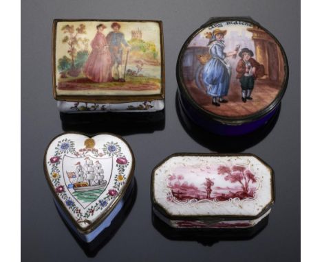 FOUR FRENCH ENAMEL BONBONNIERES, EARLY 20TH C   painted with different subjects, heart shaped example 5cm l++Lid of rectangul