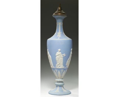 A WEDGWOOD BLUE JASPER DIP VASE, C1880  ornamented with the figures of five muses, 46.5cm h excluding later brass lamp fitmen