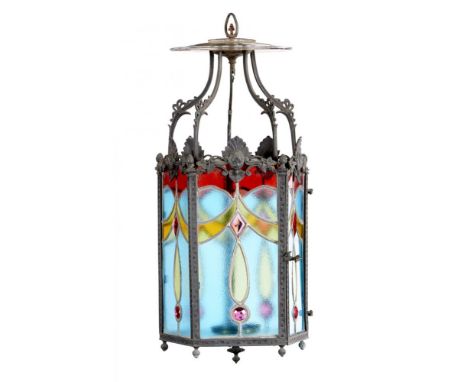 AN HEXAGONAL FRENCH OXIDISED METAL AND LEADED GLASS HALL LANTERN  with smoke shade, 64cm h overall++Good condition