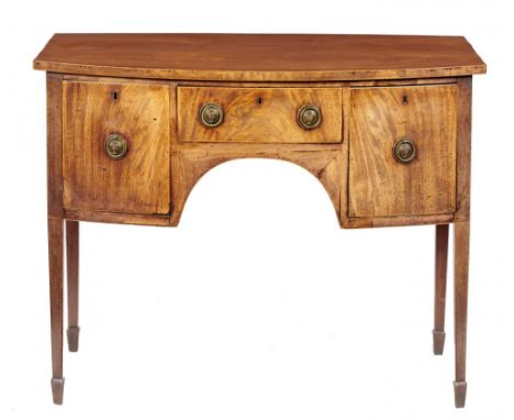 A GEORGE IV BOW FRONTED MAHOGANY AND LINE INLAID SIDEBOARD, C1830 90cmh; 56 x 122cm++Typical old light blackened scratches co