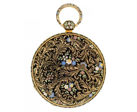 A SWISS GOLD AND ENAMEL CYLINDER WATCH GOUNOUILHOU &amp; FRANCOIS... A GENEVE, 17130, EARLY 19TH C  with silver dial, gilt ba