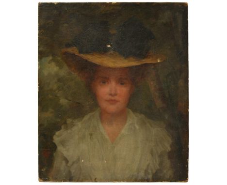 ENGLISH SCHOOL, LATE 19TH C  PORTRAIT OF A YOUNG WOMAN IN A STRAW BONNET  signed (in red) with a monogram, oil on canvas, 30 