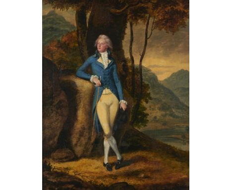 ENGLISH SCHOOL, LATE 18TH CENTURY PORTRAIT OF A GENTLEMAN  full length in a blue coat holding his hat and cane, standing by a