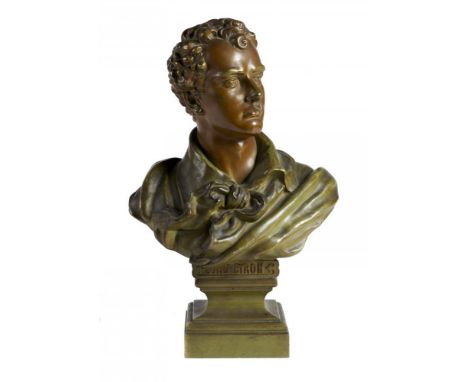 A FRENCH BRONZED SPELTER BUST OF LORD BYRON, C1900  green and light brown patina, 38cm h++Much dirt, one or two scratches and