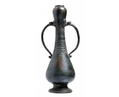 A CHINESE BRONZE GARLIC NECKED VASE, YUAN DYNASTY  with zoomorphic mask and trunk handles and  band of taotie, 26.5cm h++Old 