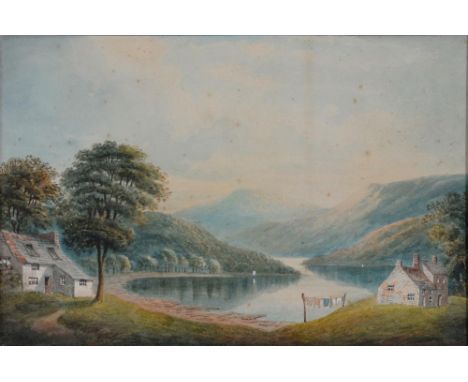 HUGH MAGENIS (1862-1927) LAKE DISTRICT LANDSCAPE WITH TWO HOUSES IN A BAY  signed and dated 1883, watercolour, 23.5 x 35cm an